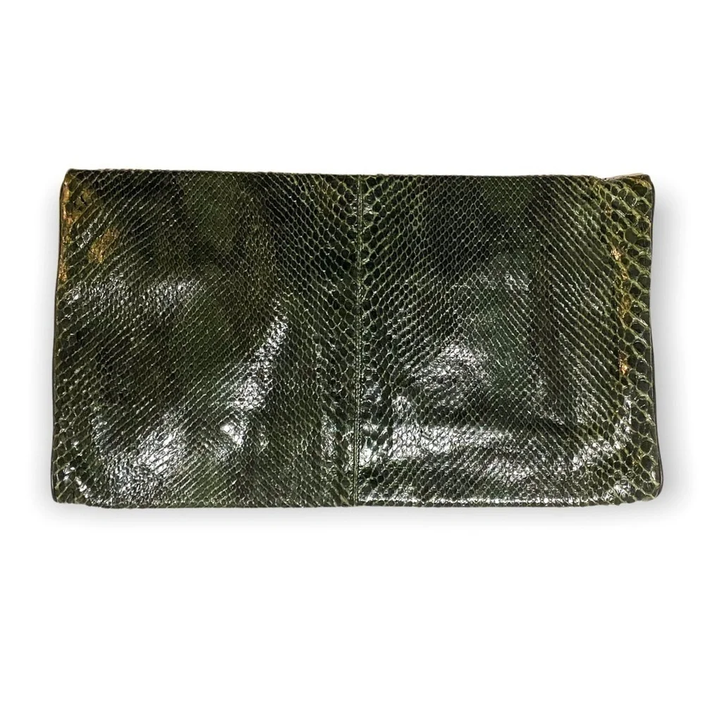Vintage Snake leather clutch bag, green/black snake‎ with black piping